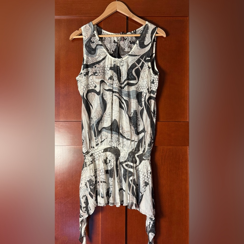 Y2K Black & Cream Abstract Floral Sheer Gauze Top Size Large